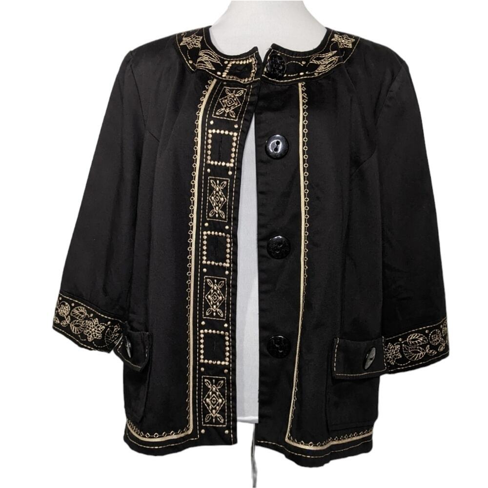 VTG Susan Bristol Black Cotton Blazer Frock Floral Embroidery Button Accents 1X